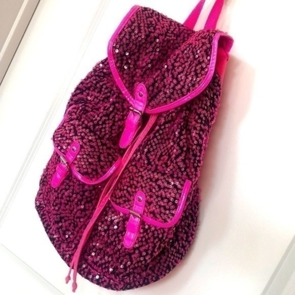 JUSTICE | Girls JUSTICE Hot Pink Sequin + Black Drawstring Backpack 🎒